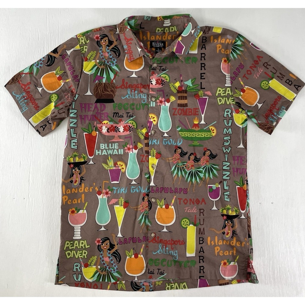 Riviera Clothing Co Shirt Men's Large Tiki Hawaiian‎ Cocktail Print Button Up